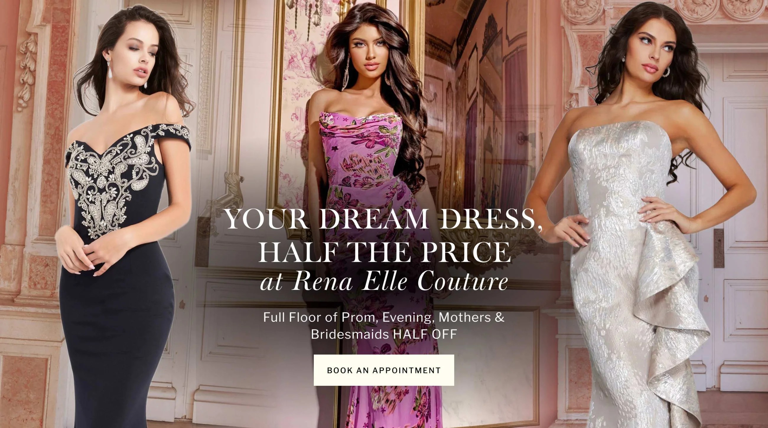 Models wearing Jovani 42028 and 42165 gowns, desktop banner