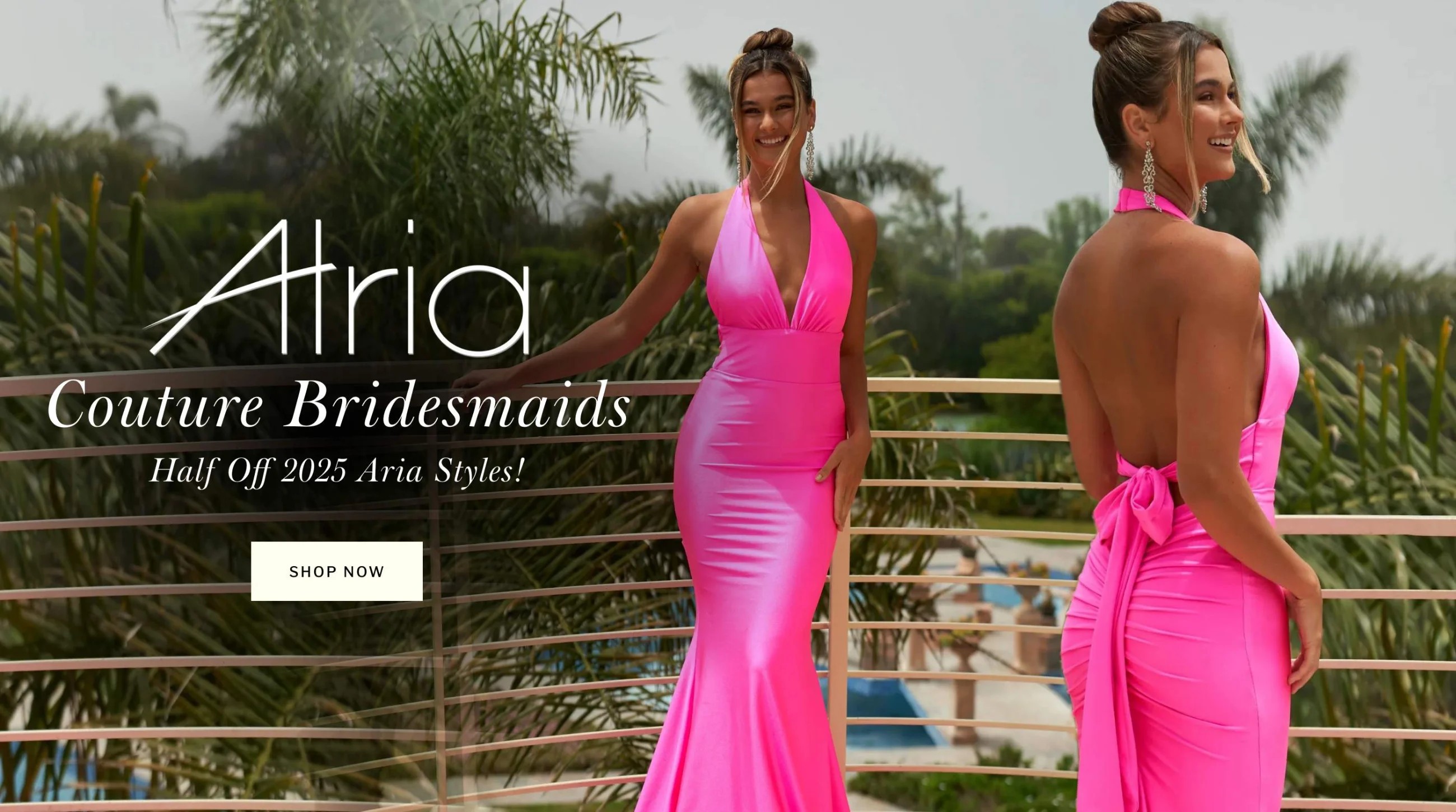 Model wearing Atria 6826H gown, desktop banner
