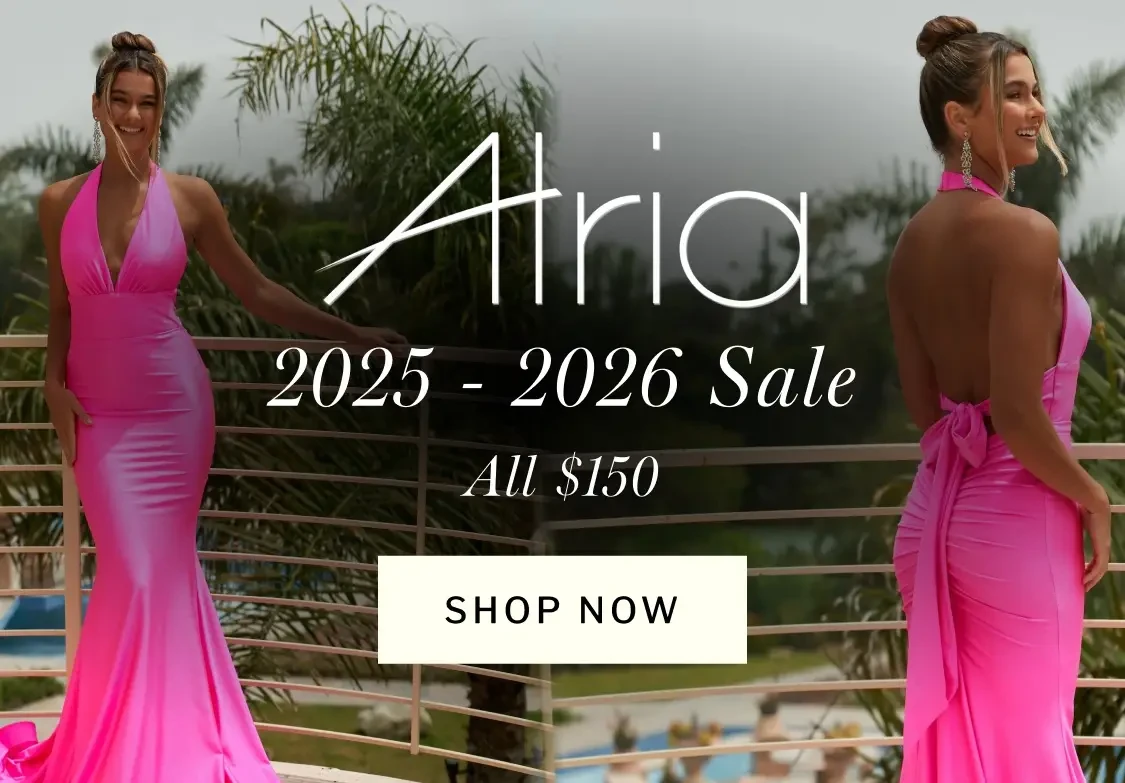 Model wearing Atria 6826H gown, mobile banner