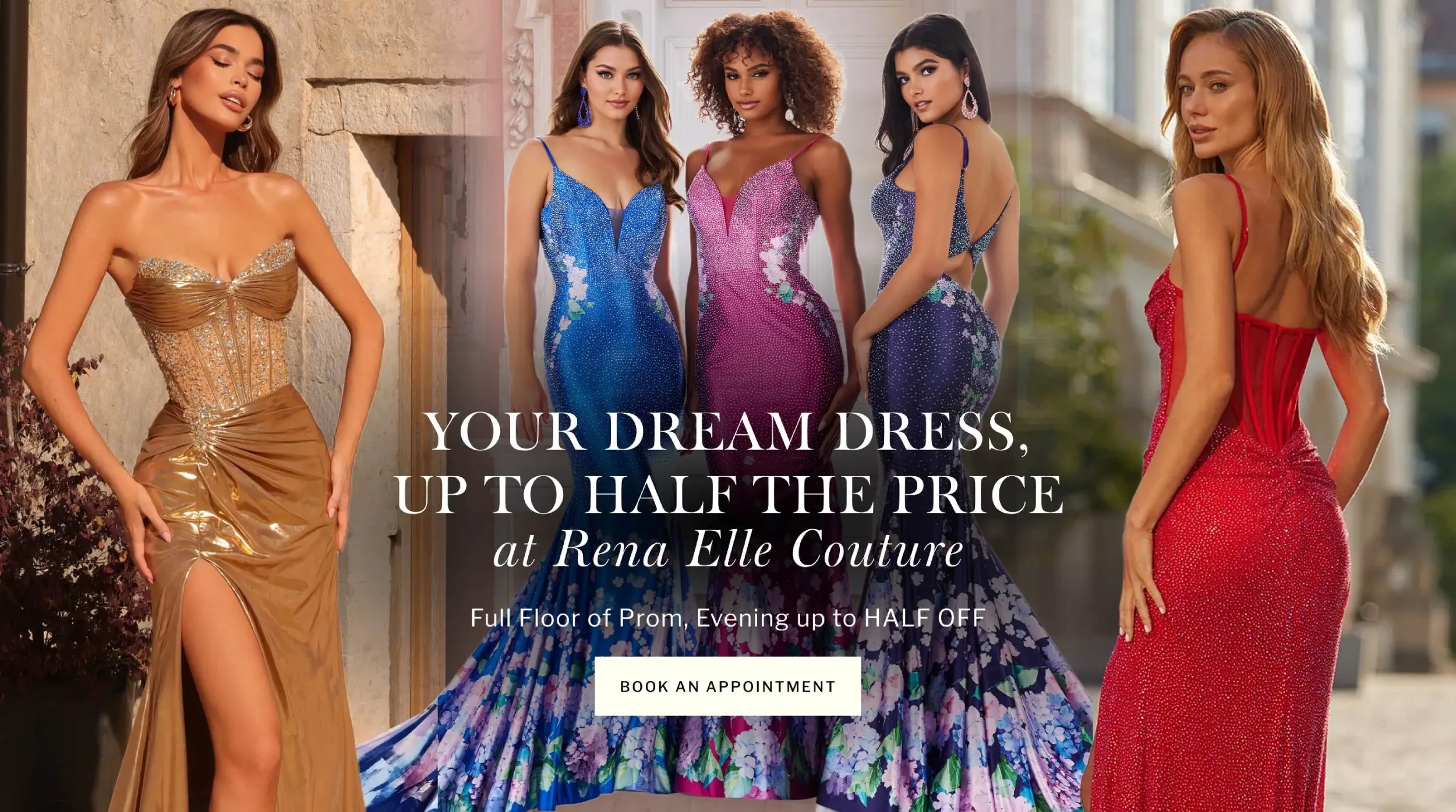 Models wearing Jovani 42028 and 42165 gowns, desktop banner